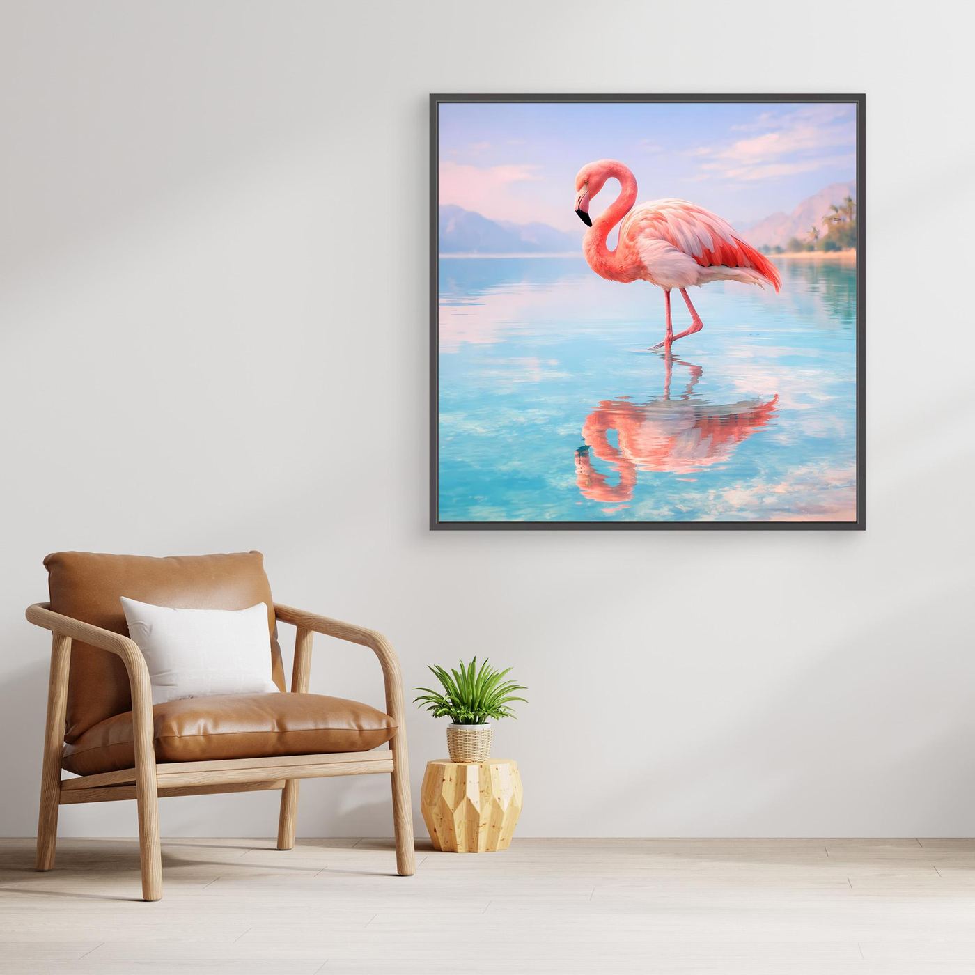 Leinwand-Wandbild mit rosa Flamingo am See, schwarz gerahmt, Spiegelung im Wasser