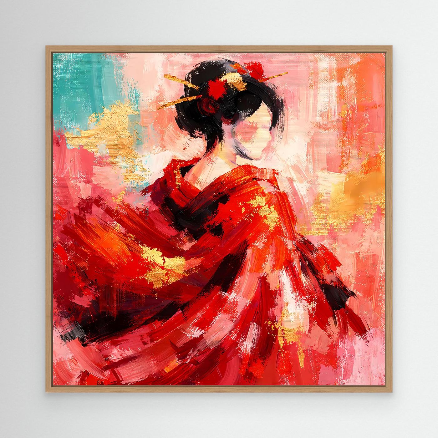 Leinwandbild mit Geisha-Porträt in Rot, schwarzem Haar, mit Holzrahmen und goldenen Akzenten