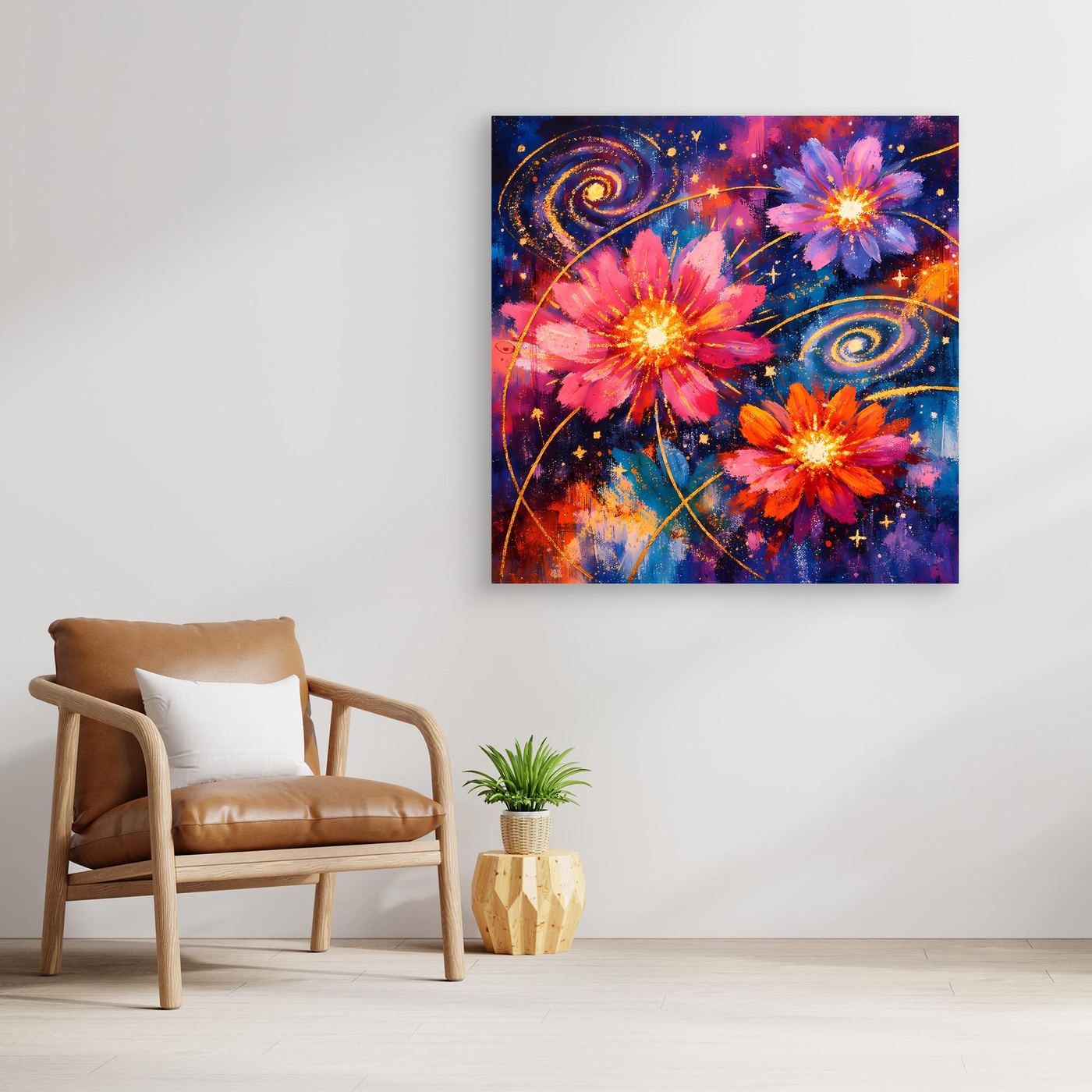 Leinwand-Wandbild mit kosmischen Blüten und Sternen im Blau-Rosa-Aquarell-Look.