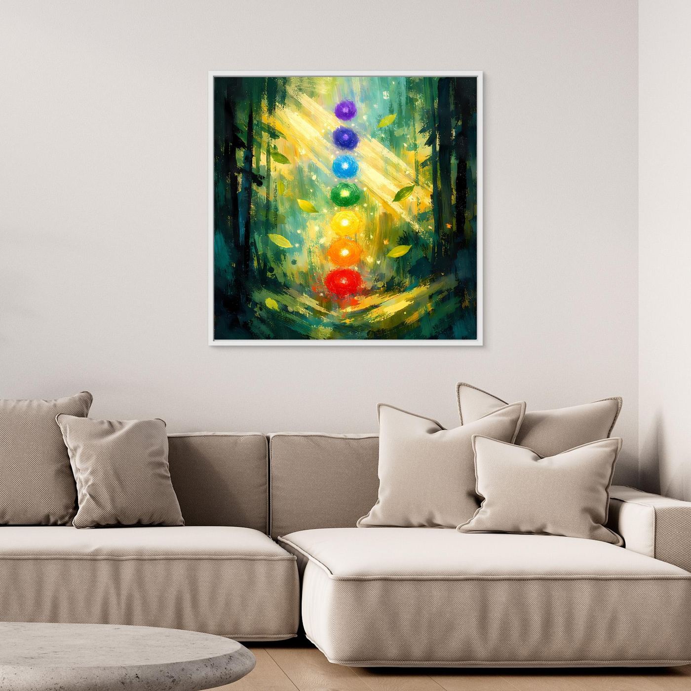 Wandbild auf Leinwand: sieben Chakra-Symbole als Lichtkugeln im Waldmotiv