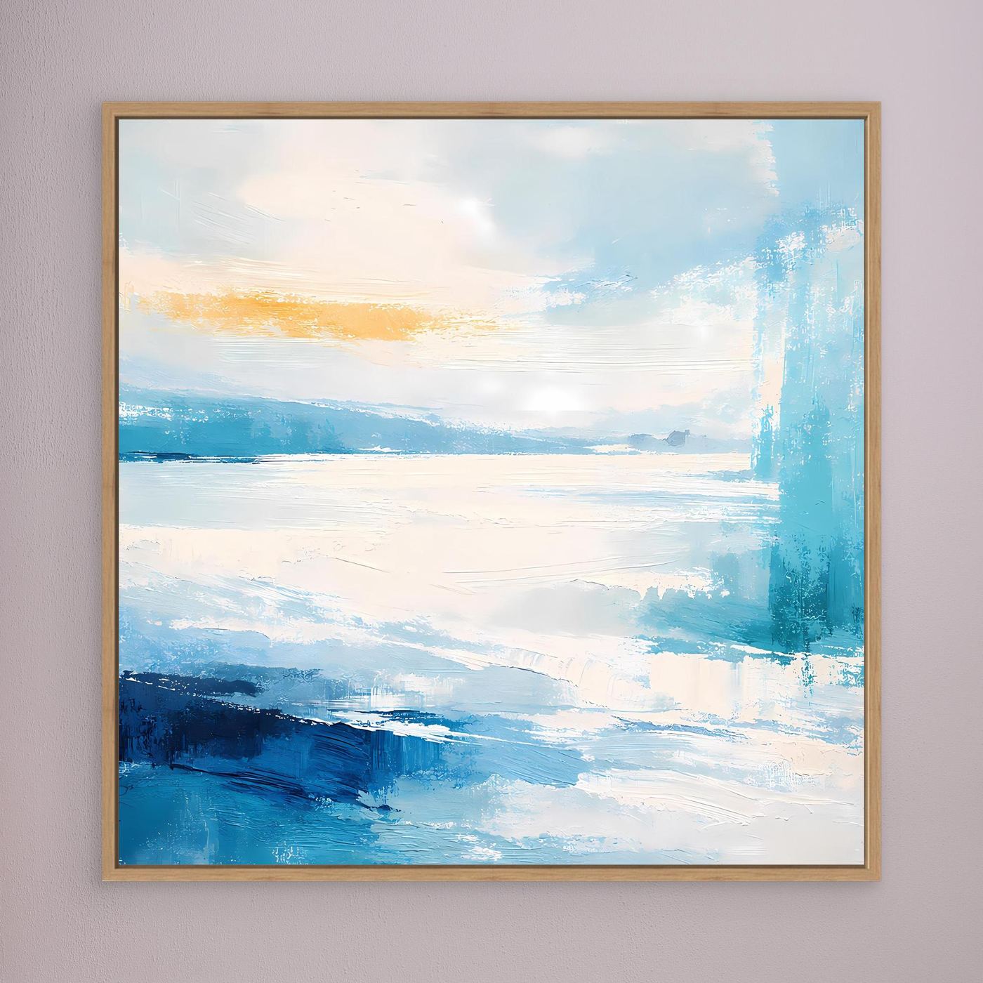 Leinwandbild mit maritimer Abstraktion, blaue Küstenlandschaft, goldener Rahmen