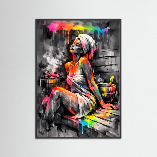 Oase der Entspannung | Modernes Sauna-Poster mit Regenbogen-Farbspritzern | Abstraktes Kunstposter Hochformat