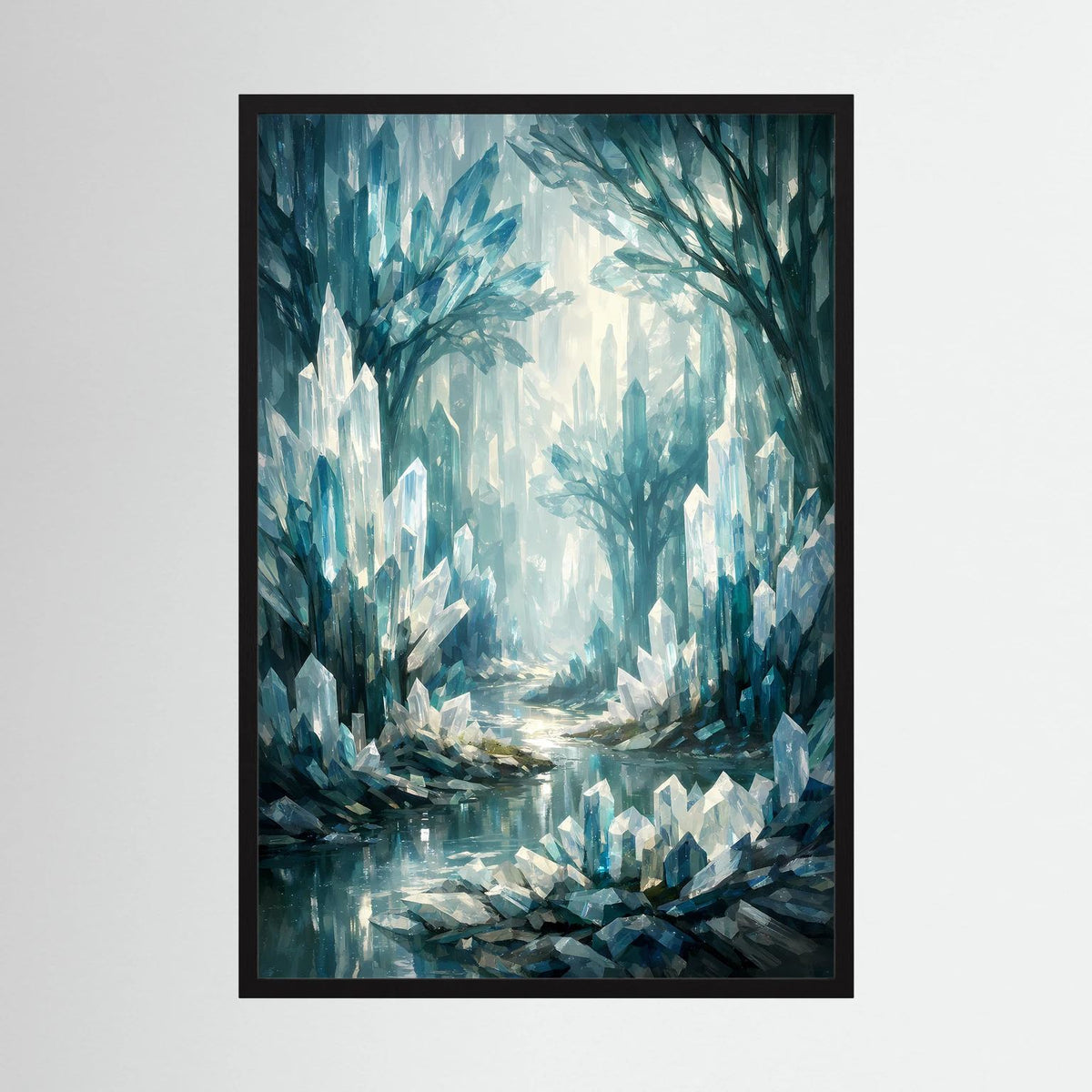 Wandbild: blauer Kristallwald mit Wasserlauf und Lichtblick im schwarzen Rahmen (Hochformat)