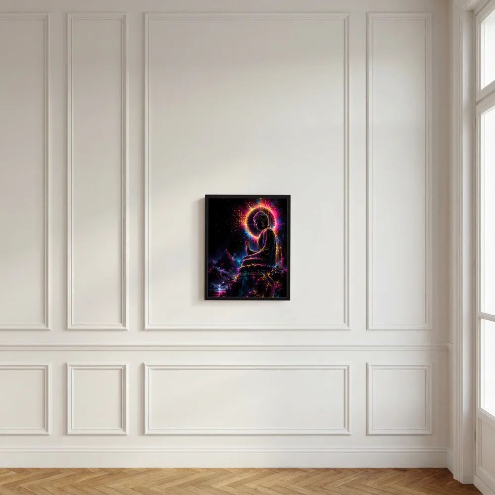 Neonkunst-Poster im schwarzen Rahmen mit sitzendem Buddha und leuchtendem Aura-Kreis
