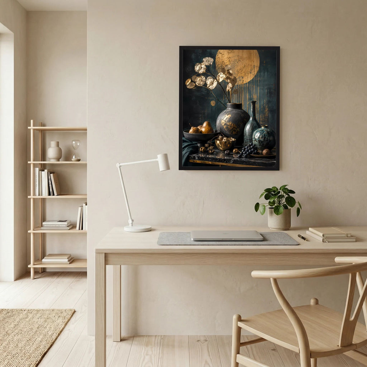 Hochformatiges Kunstposter mit Stillleben aus goldenen Blättern und Vasen, schwarz gerahmt.