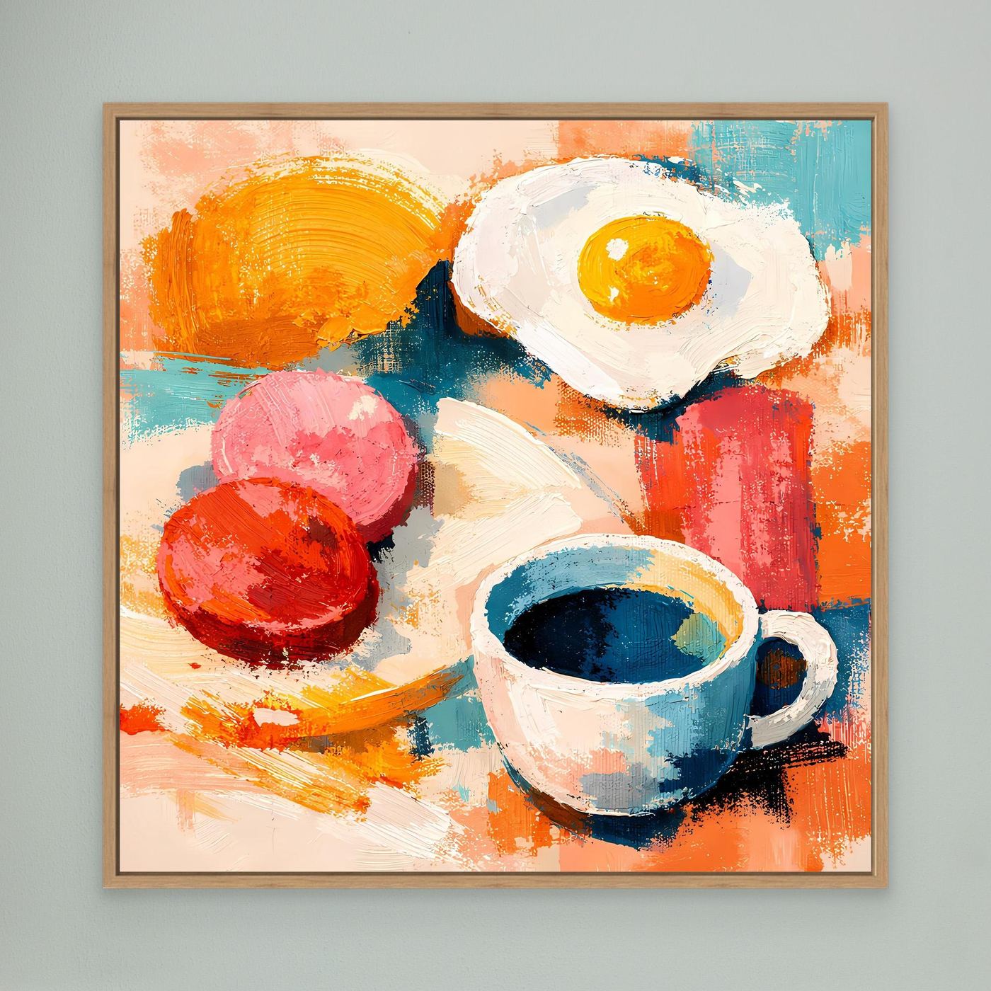 Abstraktes Frühstück-Wandbild mit Holzrahmen: Spiegelei, Kaffee und rote Kugeln