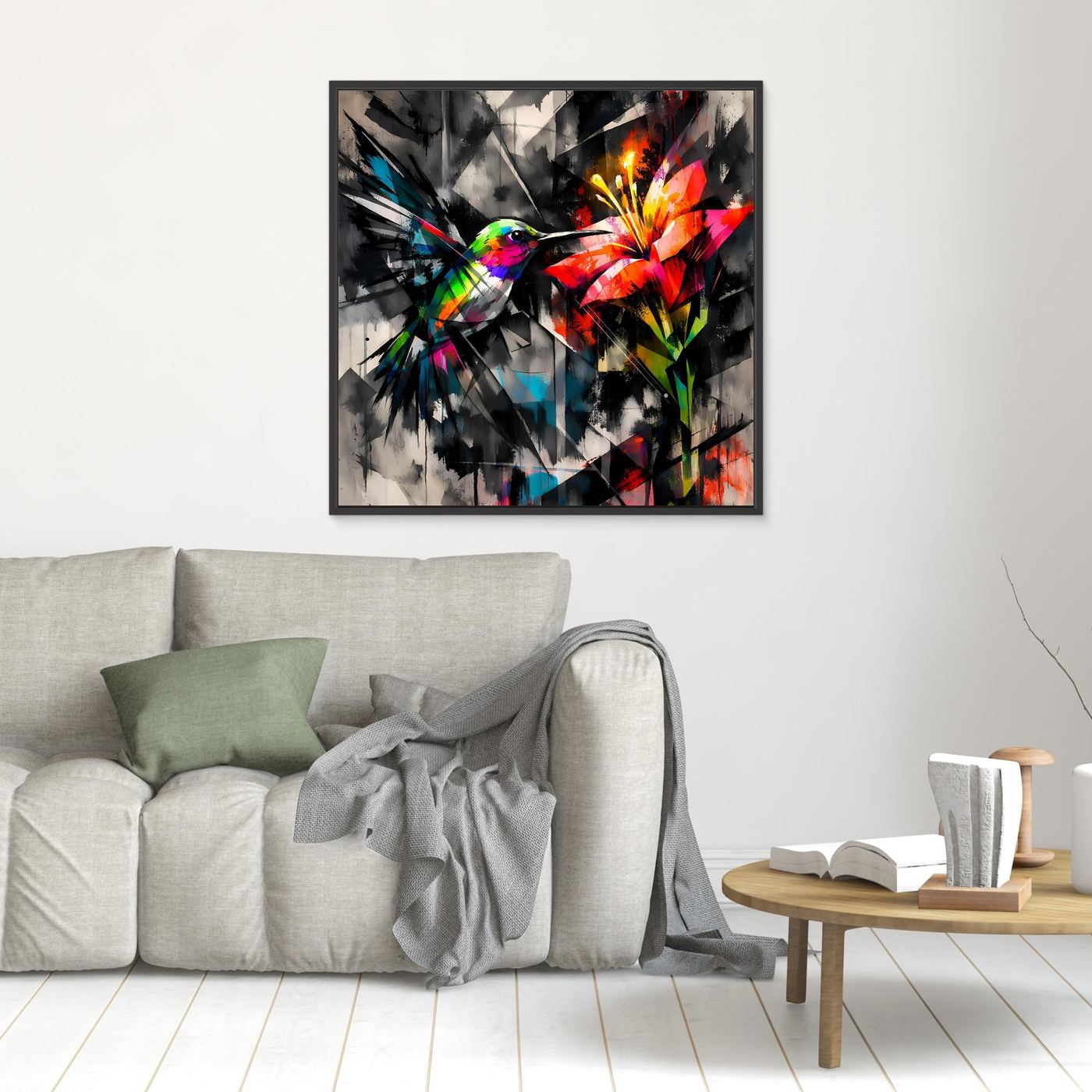 Leinwandbild Farbintensiver Kolibri | Abstraktes Geometrisches Wandbild auf Keilrahmen