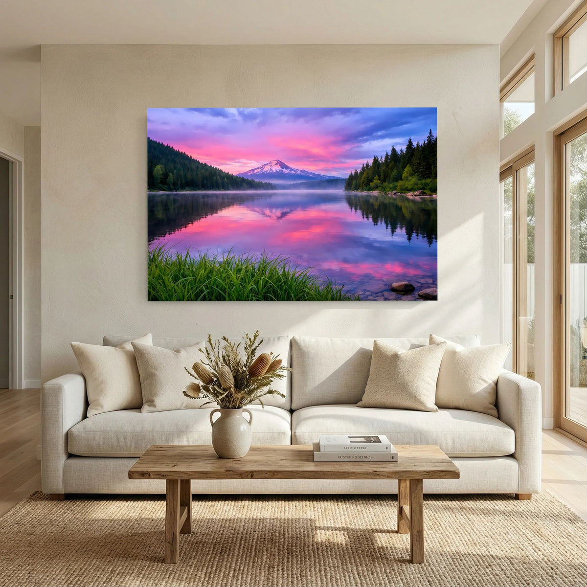 Querformat-Wandbild mit Berg und Bergsee bei Sonnenuntergang, mit grünen Gräsern vorn
