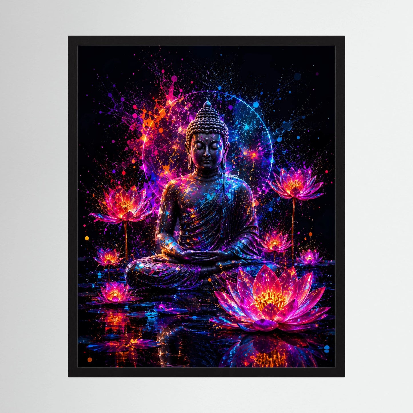 Gerahmtes Poster Hochformat: sitzender Buddha in Neonfarben mit Lotusblüten