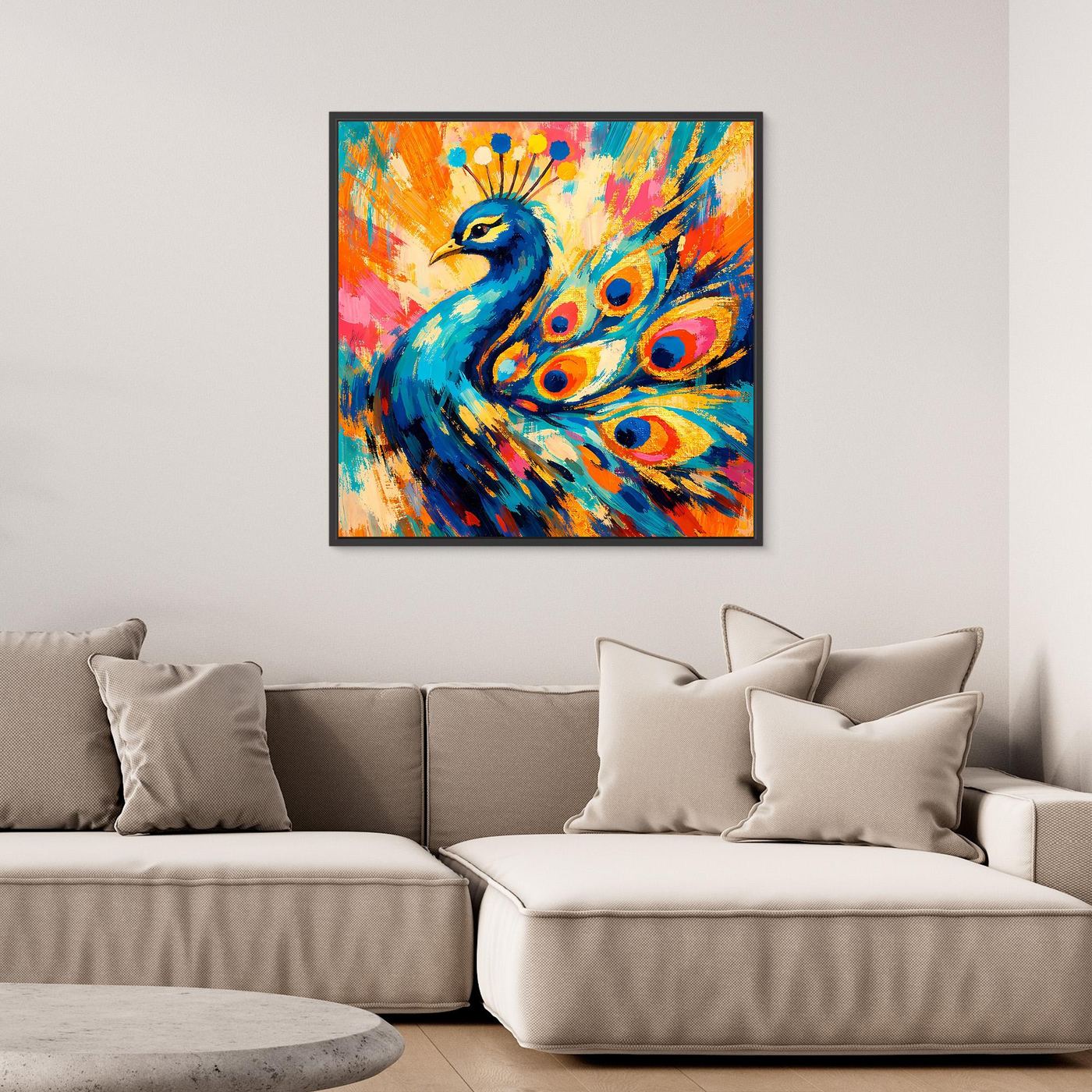 Leinwandbild mit abstraktem Pfau, bunt, im dunklen Rahmen