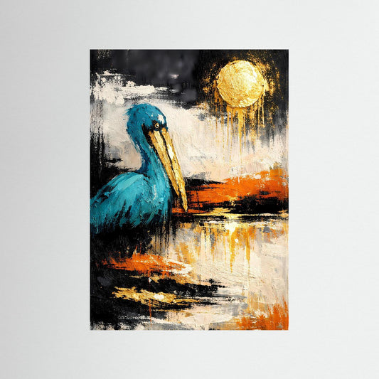 Pelikan-Kunstposter hochformat, abstrakt: türkisfarbener Vogel und goldener Mond