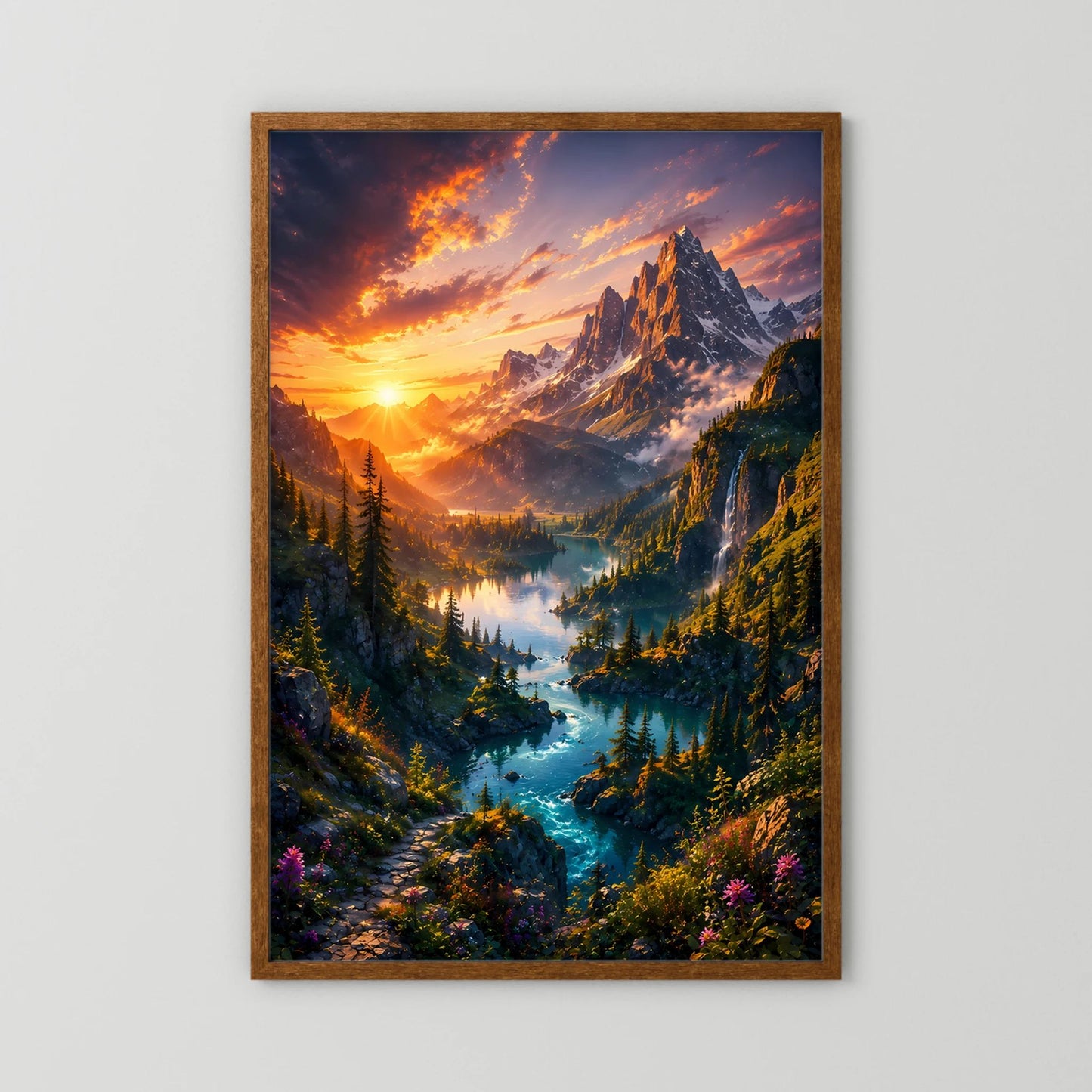 Holzrahmen-Hochformatposter mit Berggipfeln, Sonnenuntergang und türkisfarbenem Gebirgssee
