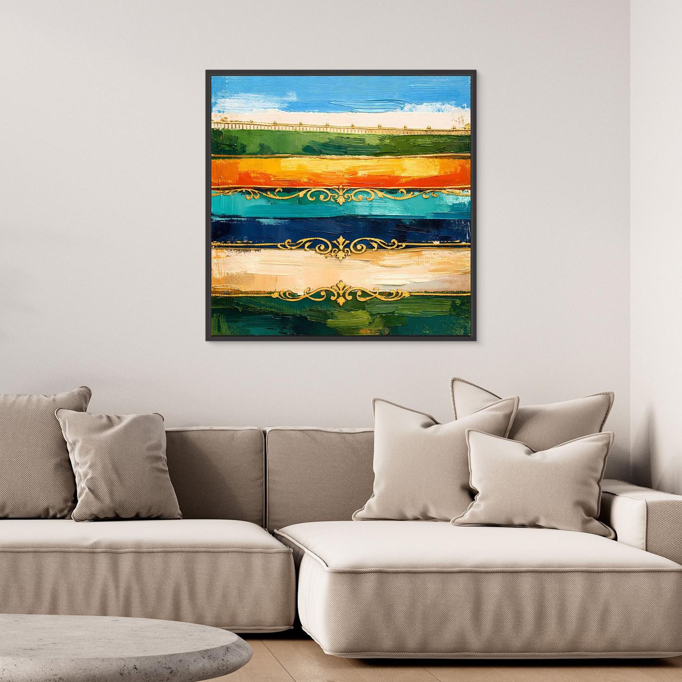 Leinwand Elegante Abstrakte Farbstreifen | Modernes Wandbild mit Goldornamenten