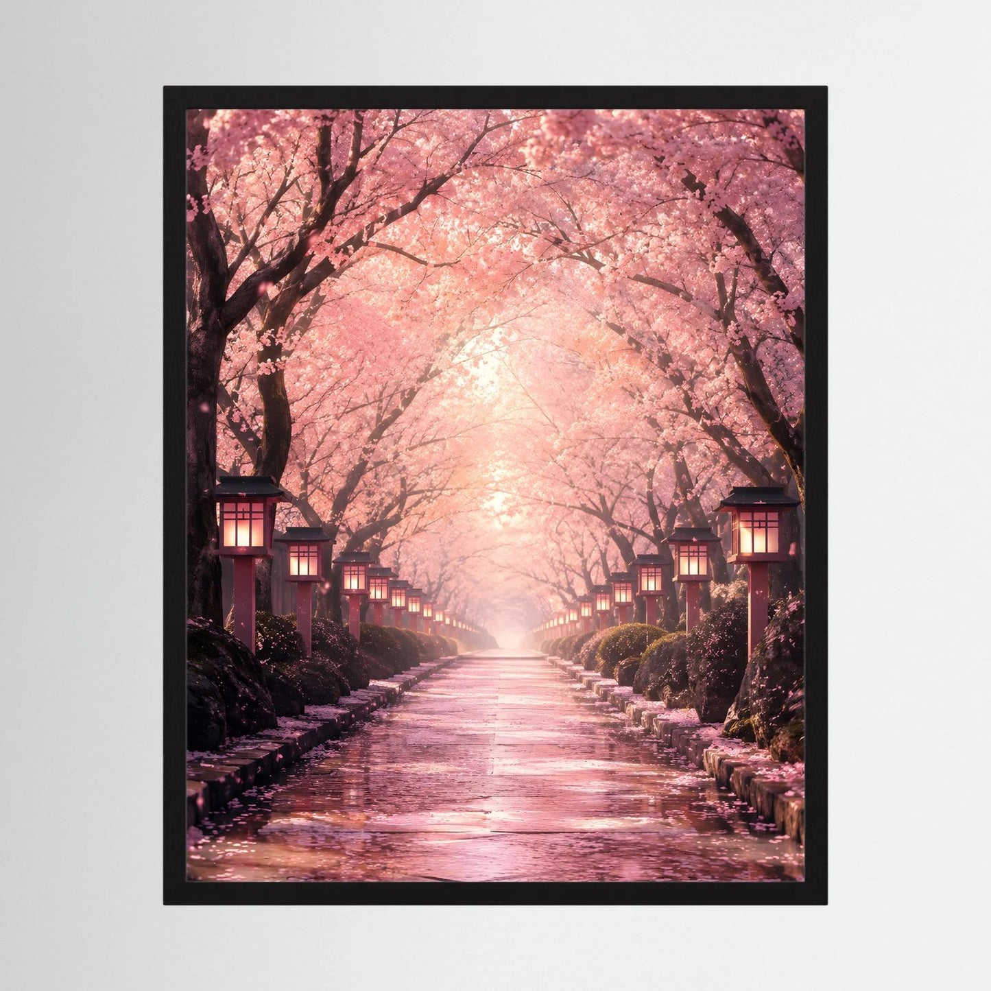 Wandposter im schwarzen Rahmen, hochkant: Kirschblütenallee in Rosa mit Laternen