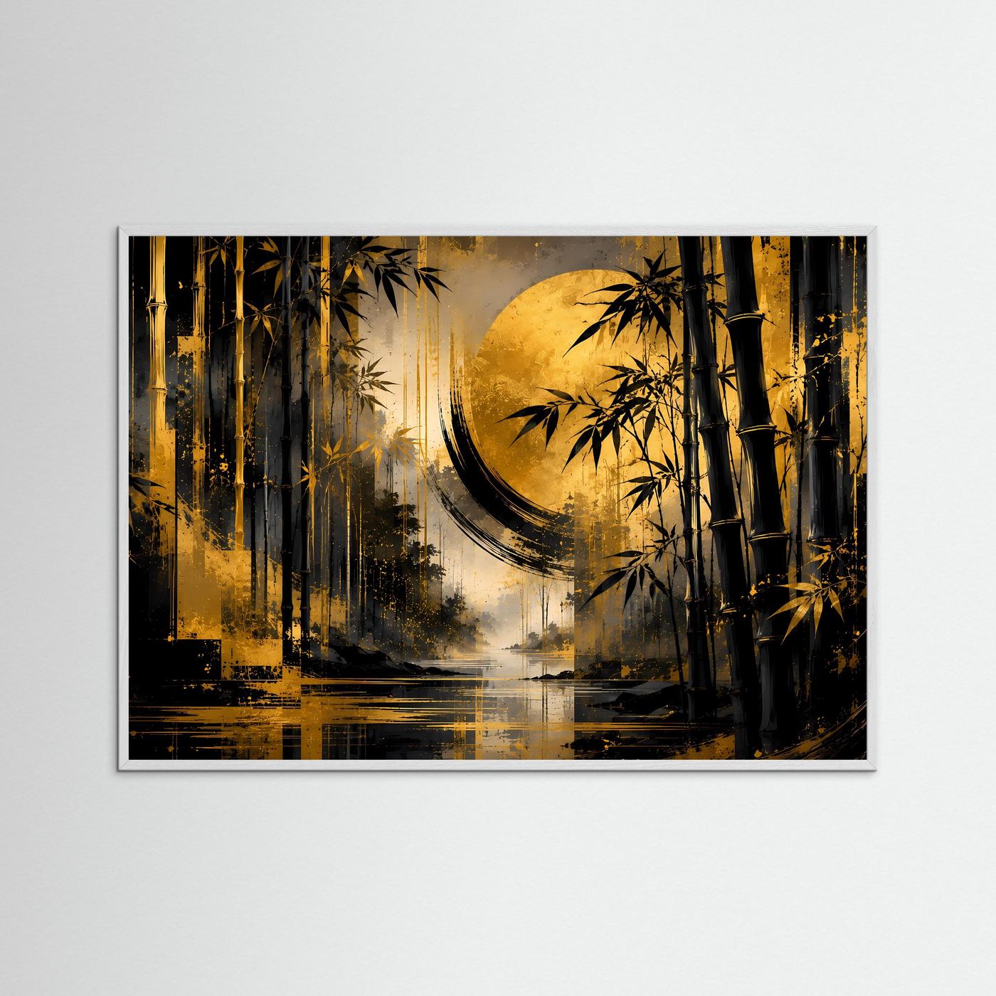 Wandbild mit Bambuswald, goldenem Vollmond und dunklem Wasserreflex, schwarze Umrahmung