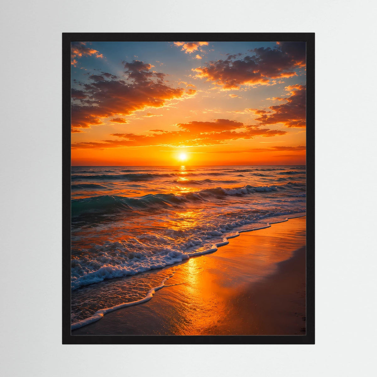 Hochformatiges Poster mit Strand-Sonnenuntergang, schwarz gerahmt