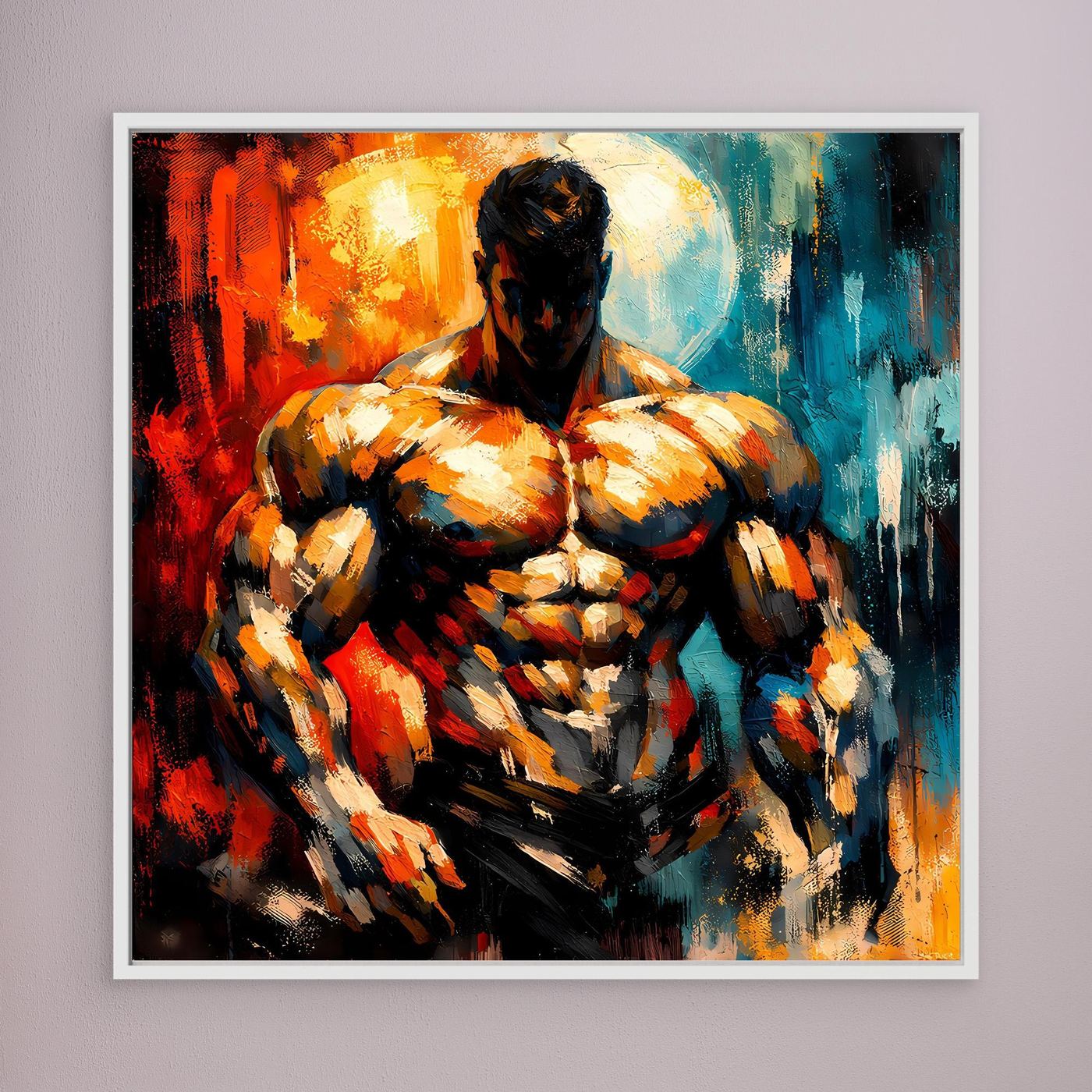 Gerahmtes Leinwandbild mit abstrakter Bodybuilding-Figur, Rahmen in hellem Grauton