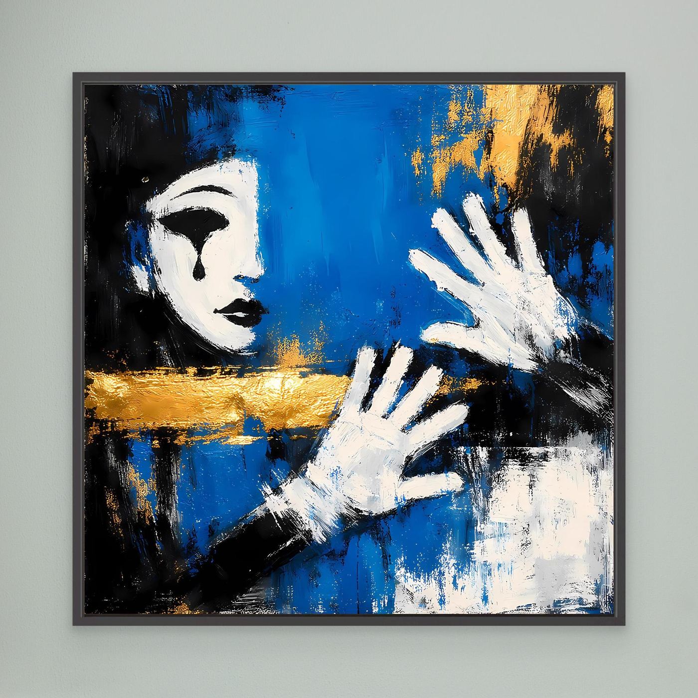 Leinwand Melancholischer Mime in Blau | Abstraktes Pierrot Wandbild Gold