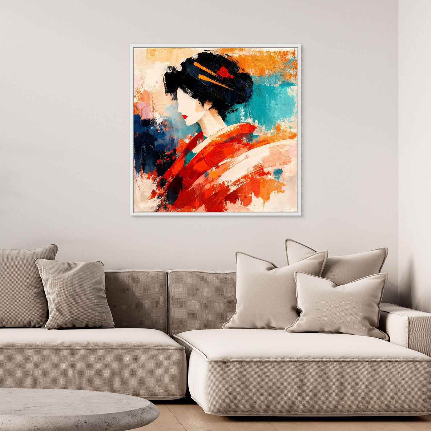 White-framed square canvas wall art of a geisha in red kimono, blue and orange abstract