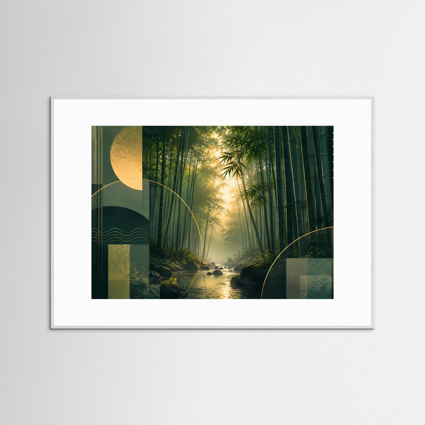 Bambuswald Poster Querformat | Japanische Natur Landschaft in Grün & Gold | Asiatisches Zen Wandbild