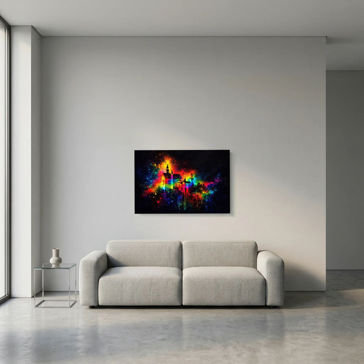 Wandposter Querformat mit buntem Märchenschloss-Farbexplosionsmotiv und schwarzem Rahmen