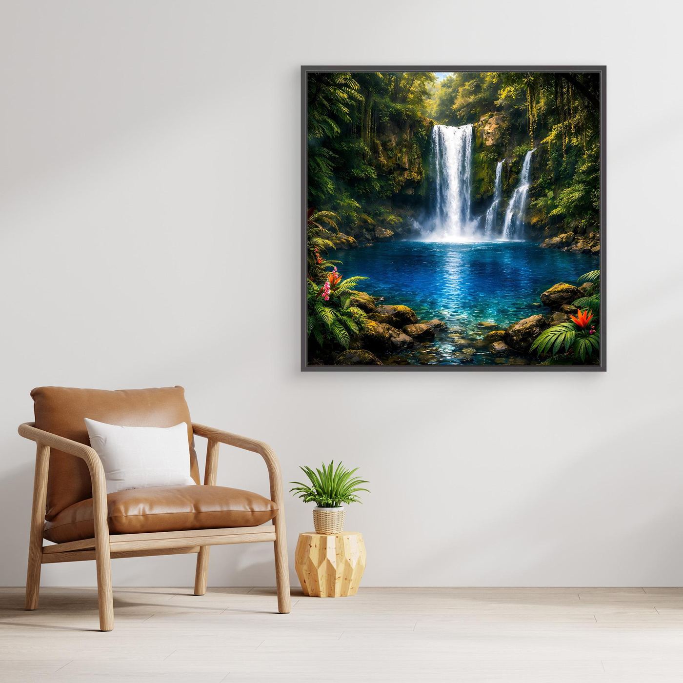 Leinwandbild mit Wasserfall im Dschungel und türkisfarbenem Becken im schwarzen Rahmen