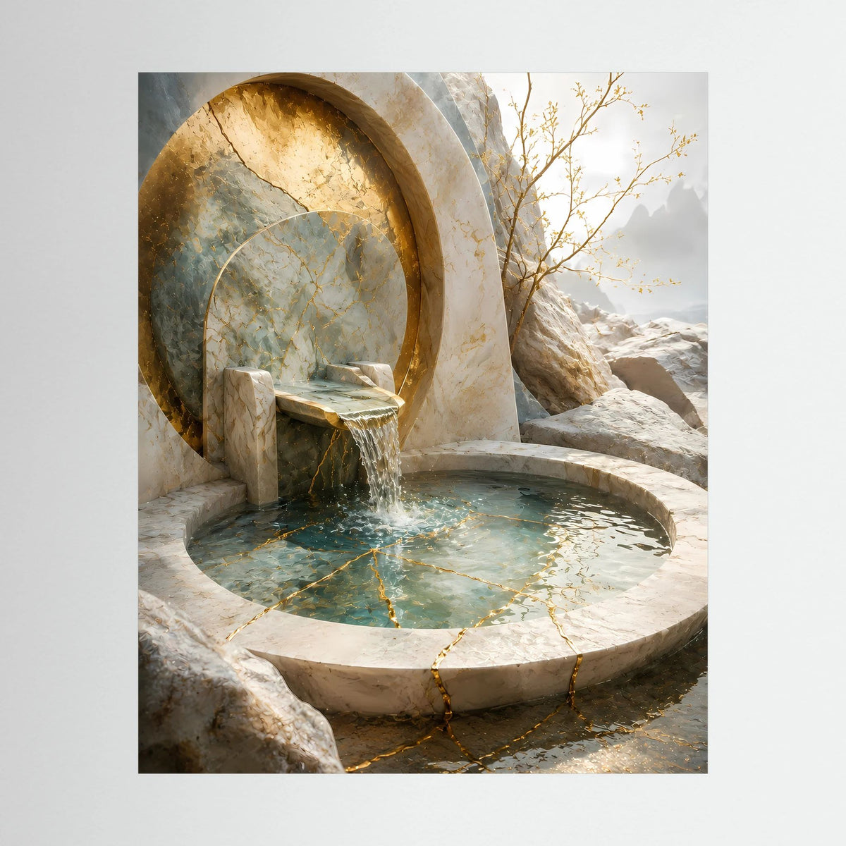 Hochformat-Poster mit rundem Steinbrunnen, Wasserstrahl und goldfarbenen Akzenten