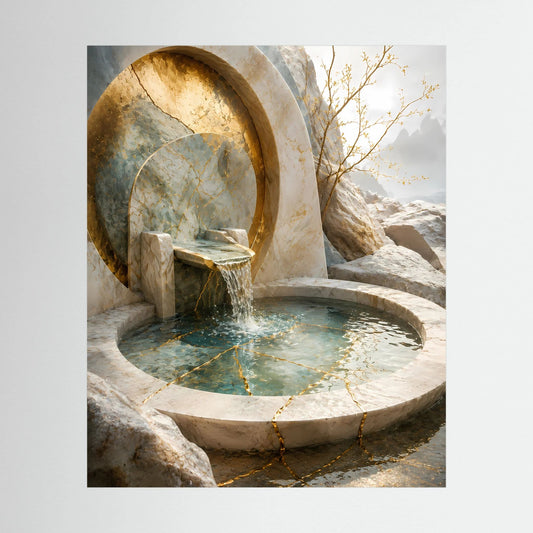 Hochformat-Poster mit rundem Steinbrunnen, Wasserstrahl und goldfarbenen Akzenten