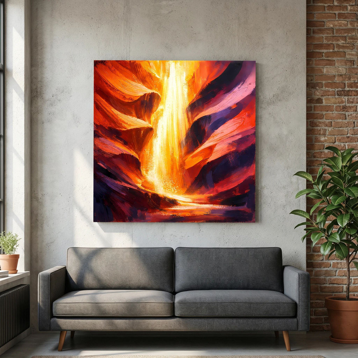 Leinwand-Wandbild: Lichtstrahl in Orange-Gelb mit dunklem Hintergrund und violetten Akzenten