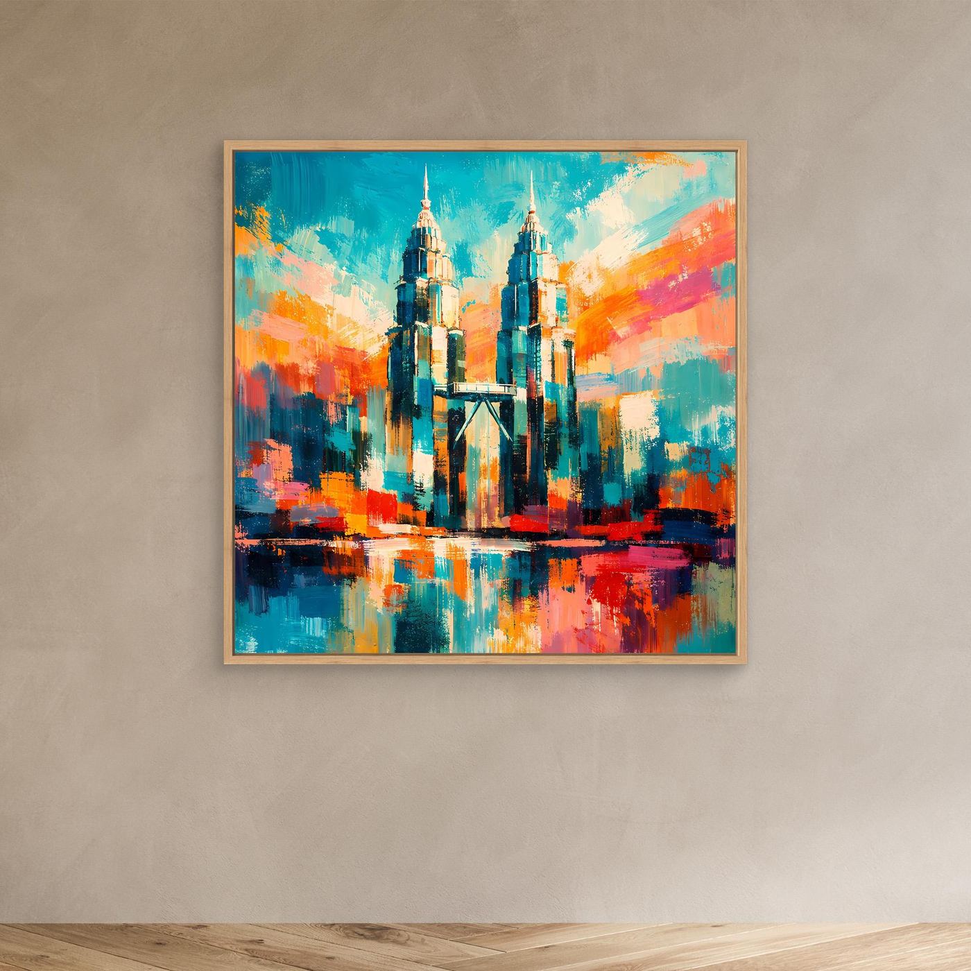Abstraktes Leinwand-Wandbild mit goldfarbenem Rahmen: Petronas-Türme in Blau/Orange