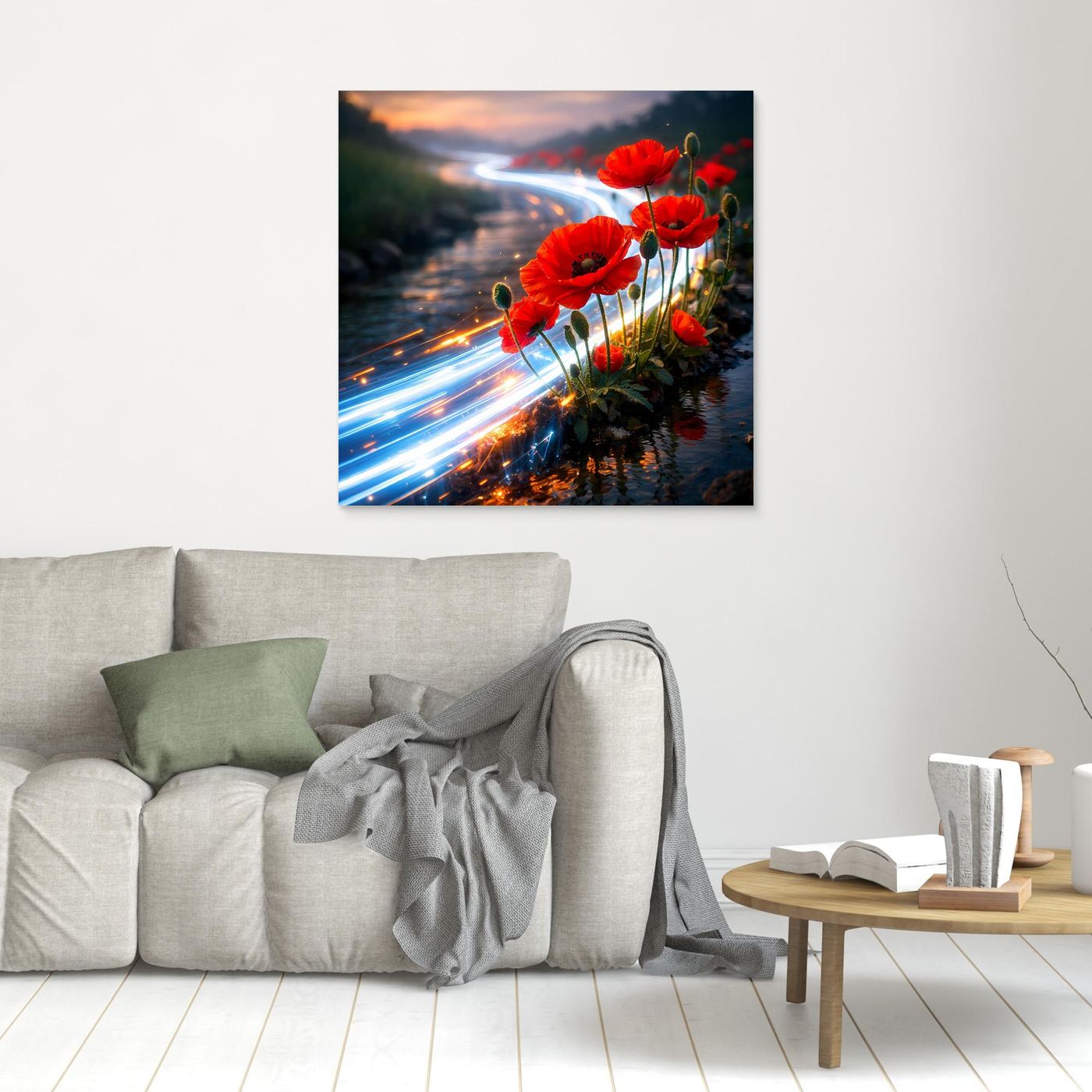 Kleines Leinwandbild mit roten Mohnblumen am Bach und Lichtspuren, hellbraun gerahmt