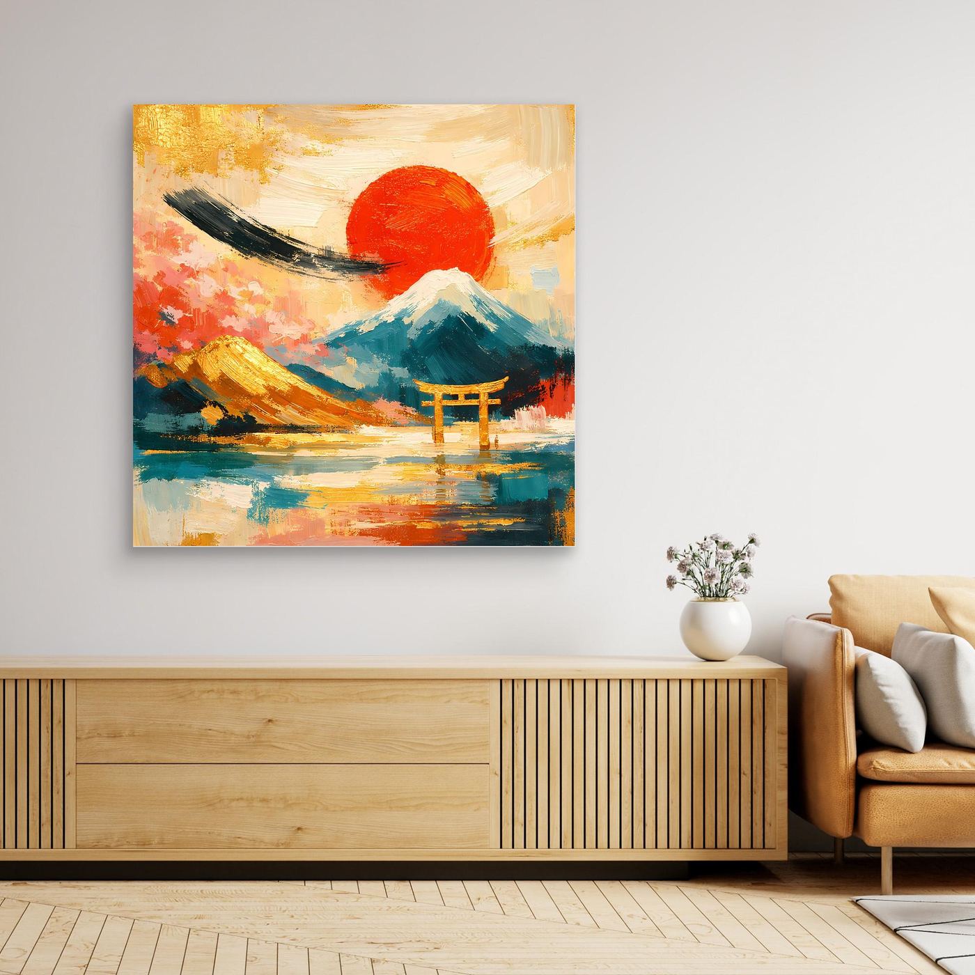 Leinwandbild mit japanischem Torii-Tor, roter Sonne und Gebirge, ohne sichtbaren Rahmen