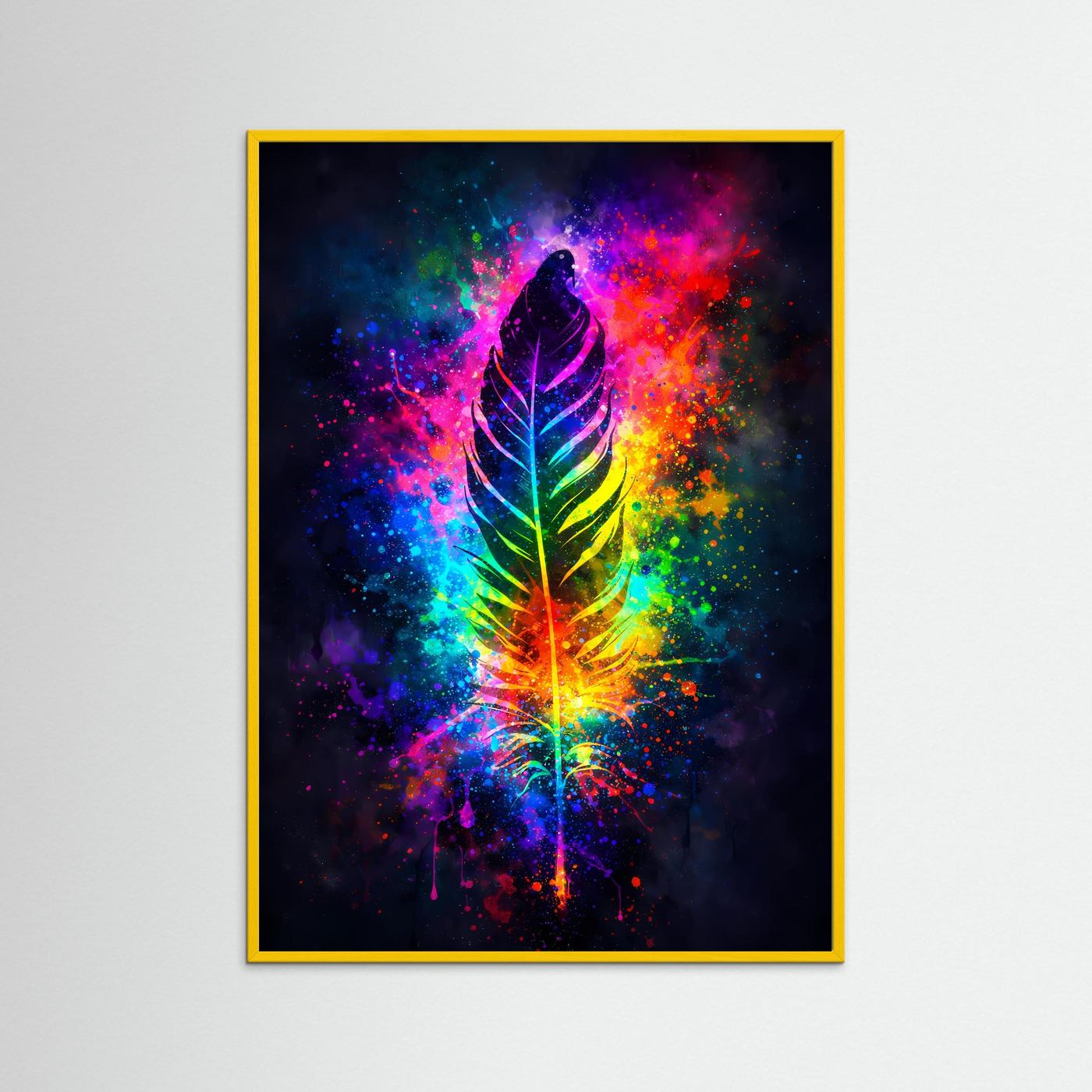 Wandbild mit Regenbogen-Feder im Kosmos, gelber Holzrahmen