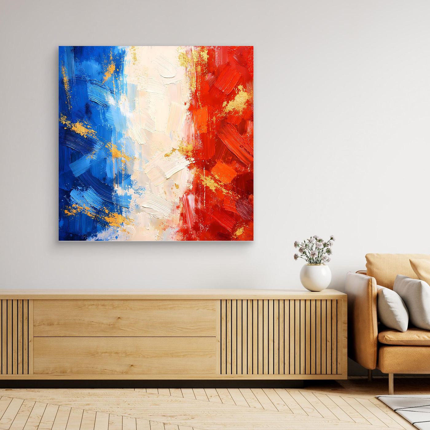 Abstraktes Leinwandbild mit Blau, Weiß und Rot im Frankreich-Look, goldene Akzente, heller Rahmen