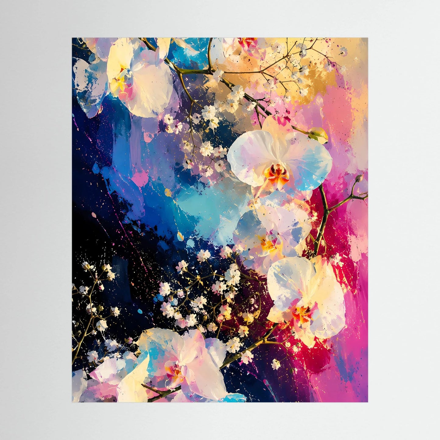 Abstraktes Orchideen-Poster ohne Rahmen: florales Blütenmotiv in Rosa und Blau