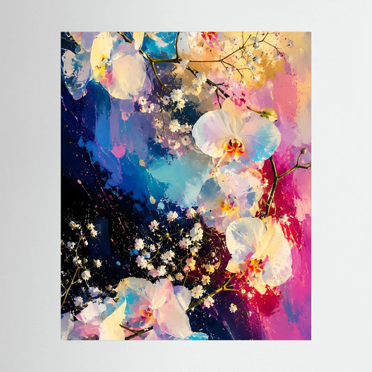 Abstraktes Orchideen-Poster ohne Rahmen: florales Blütenmotiv in Rosa und Blau