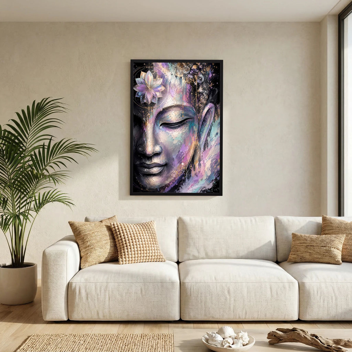 Kunstposter im schwarzen Rahmen: abstraktes Buddha-Gesicht mit Lotus, Farben in Violett und Türkis