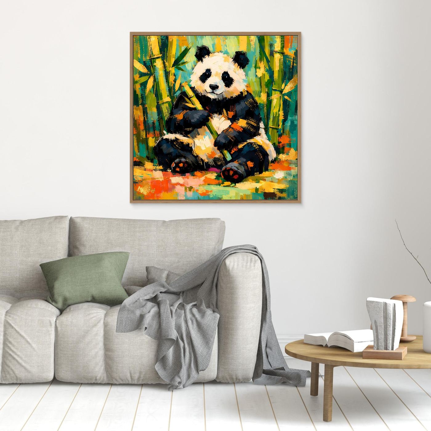 Leinwandbild mit Panda im Bambuswald, rechteckig, braun gerahmt
