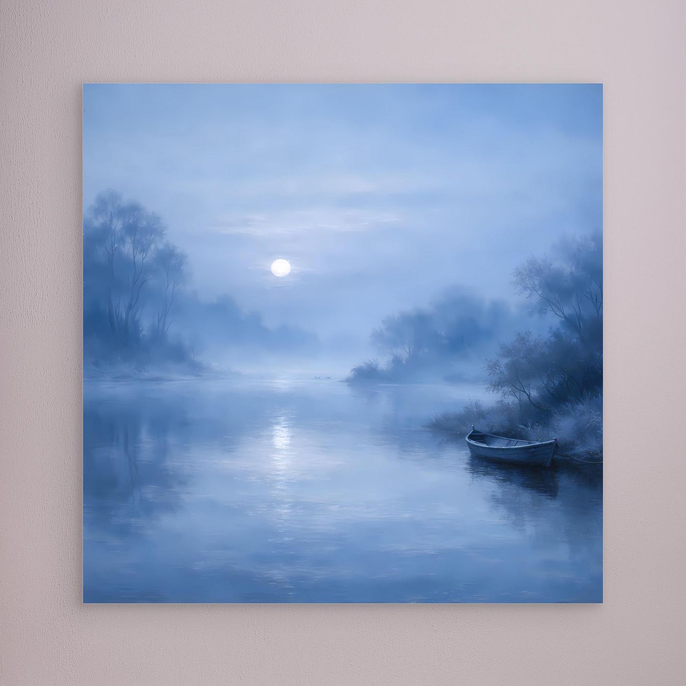 Blaues Leinwandbild mit Mondschein am Fluss, Boot im Vordergrund