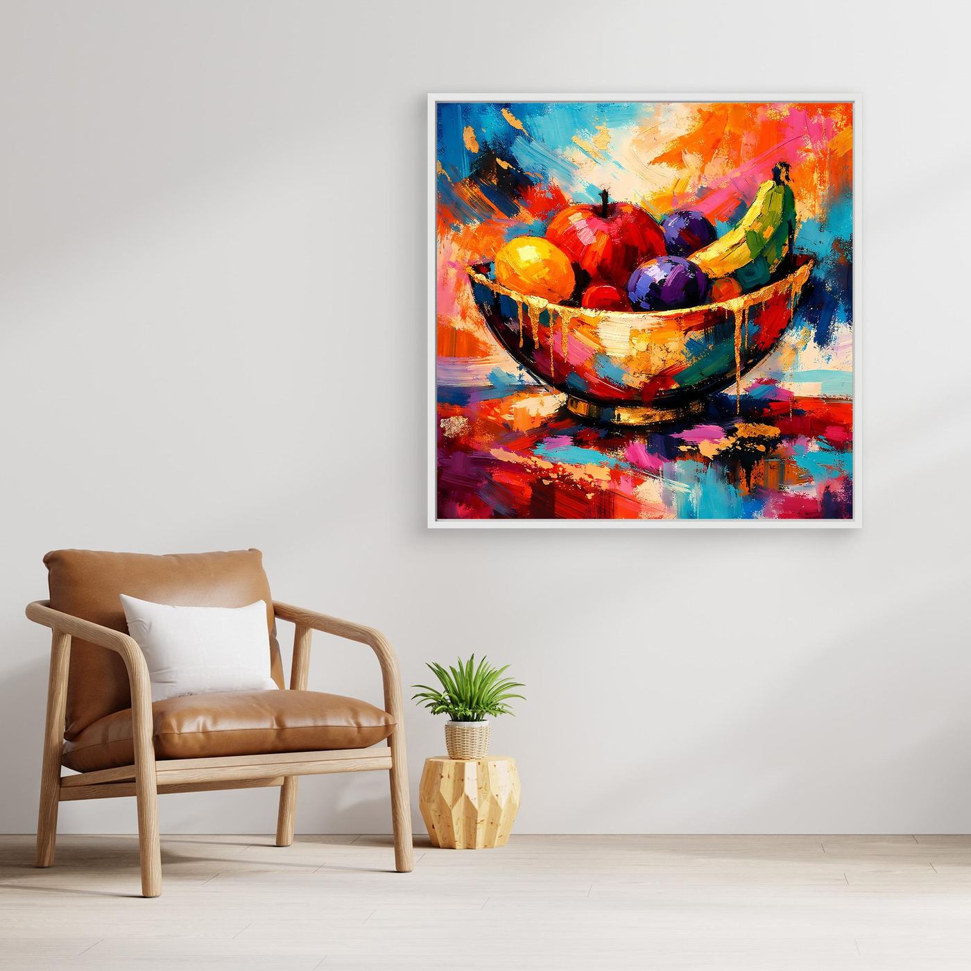 Quadratisches Leinwandbild mit Obstschale, kontrastreiche Farben und gestreifte Farbflächen