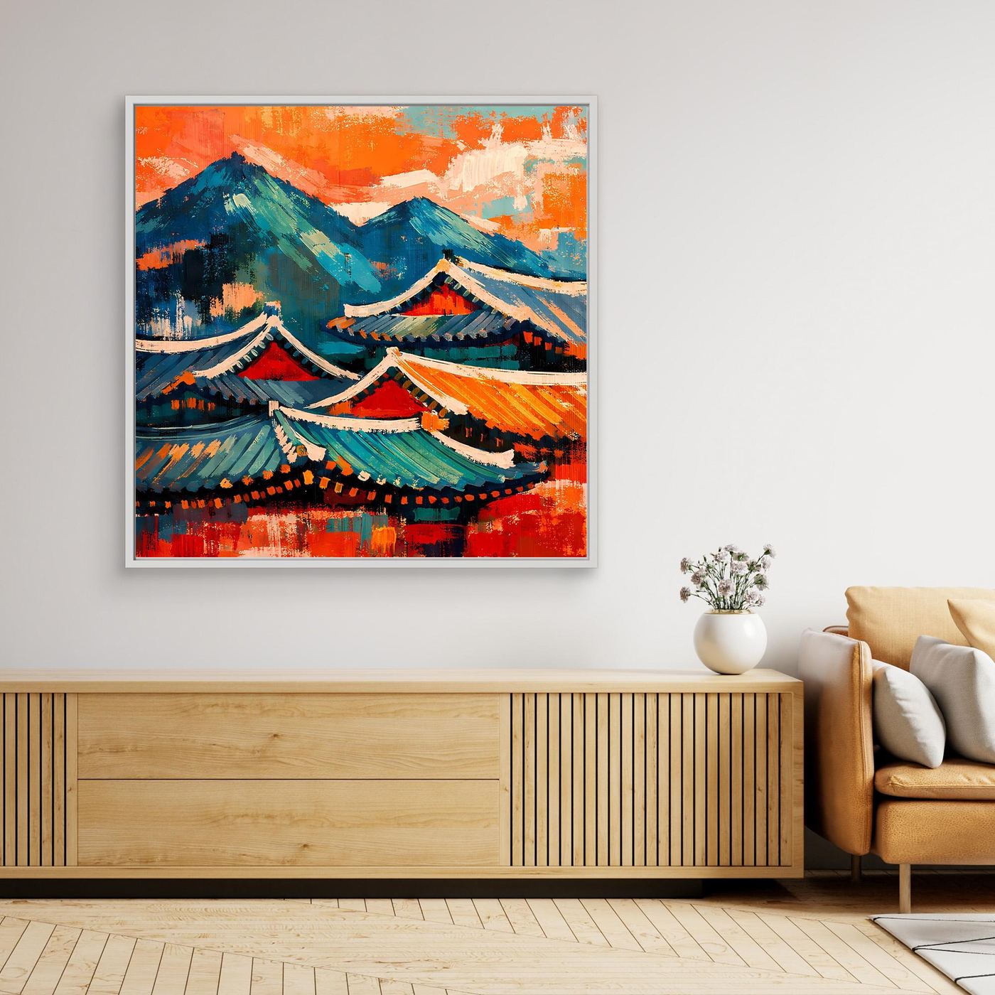 Gerahmtes Leinwandbild mit bunten Pagodendächern und Bergen, orangefarbenem Himmel