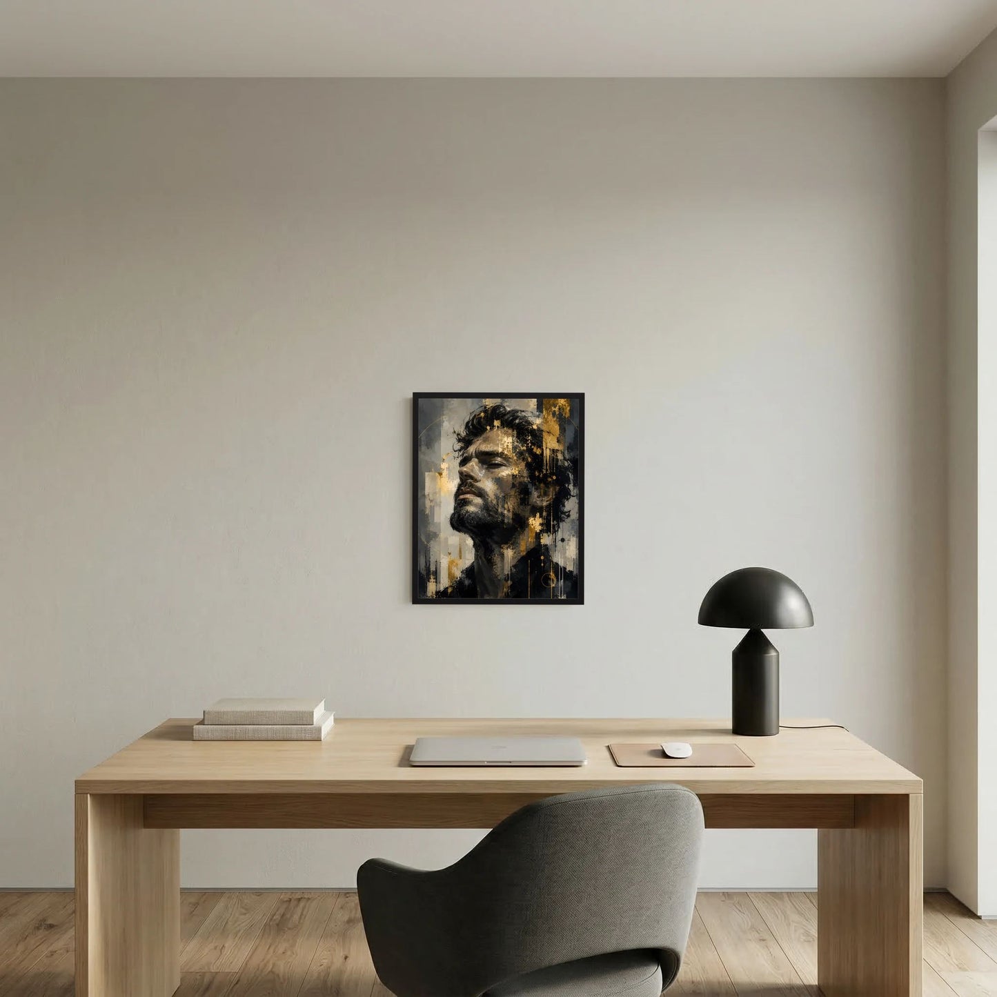 Gerahmtes abstraktes Männerkunstposter (Hochformat) mit Gesicht in Schwarz, Grau und Gold