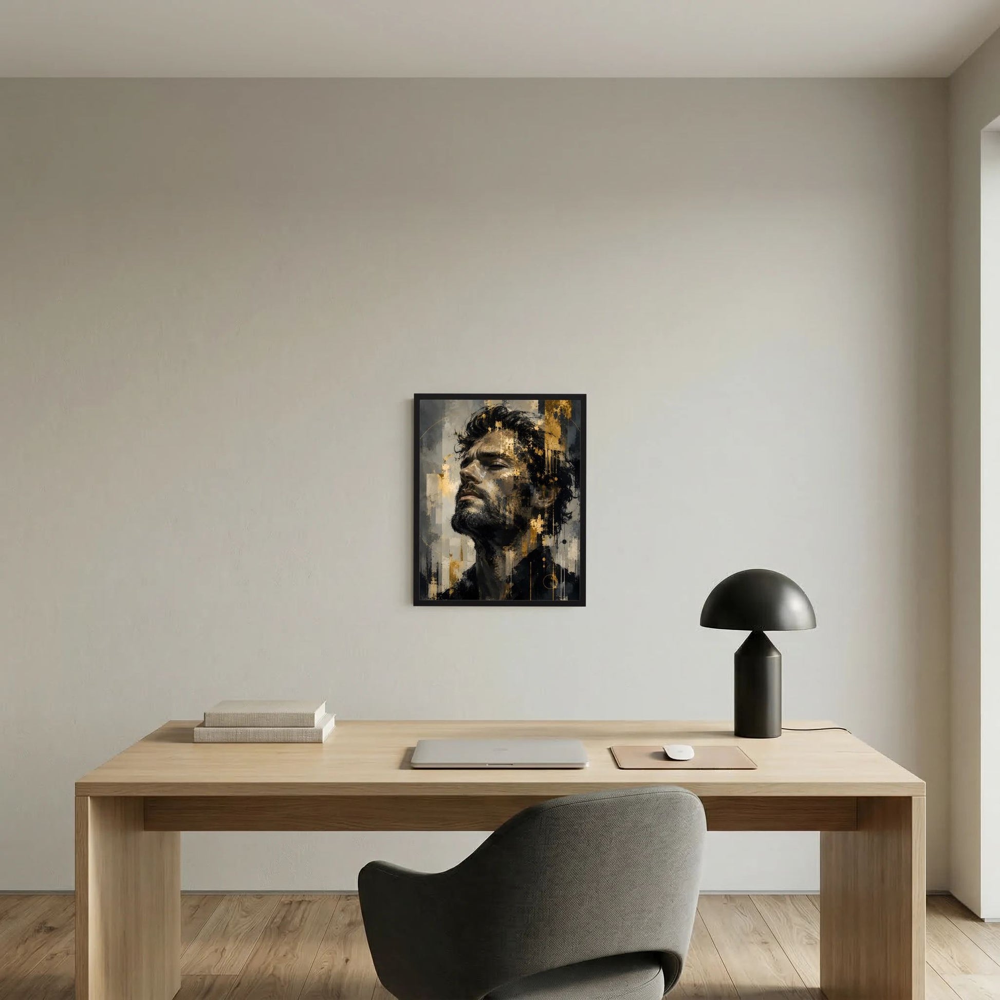 Gerahmtes abstraktes Männerkunstposter (Hochformat) mit Gesicht in Schwarz, Grau und Gold