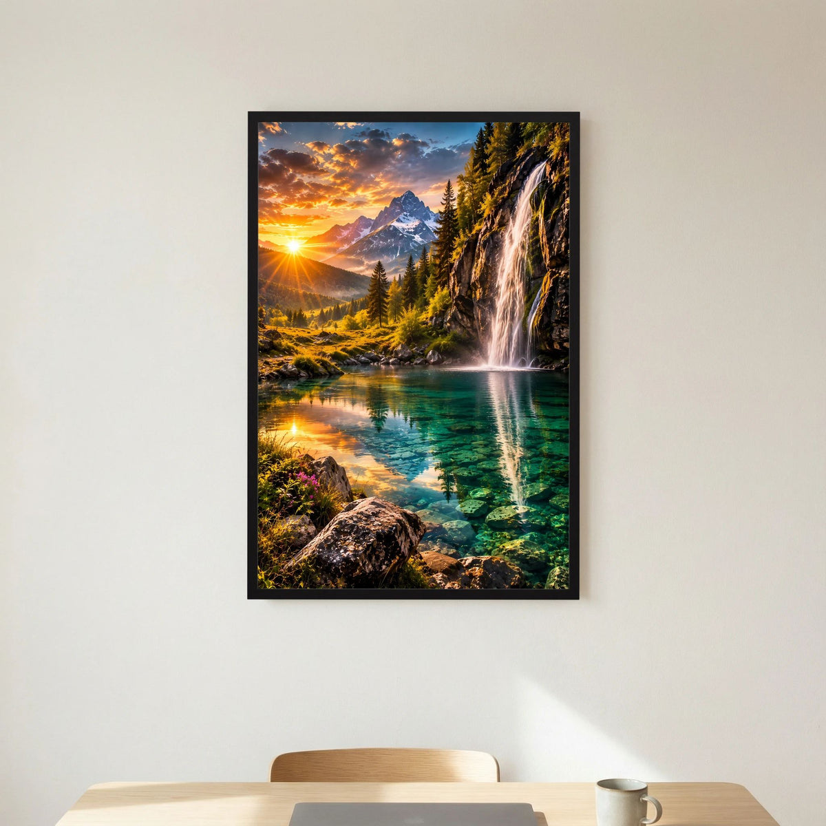 Hochformat-Poster im schwarzen Rahmen mit Bergsee und Wasserfall bei Sonnenuntergang