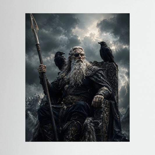 Wikinger-Poster (Hochformat): Krieger mit Speer und Raben, Schwarz-Gold.