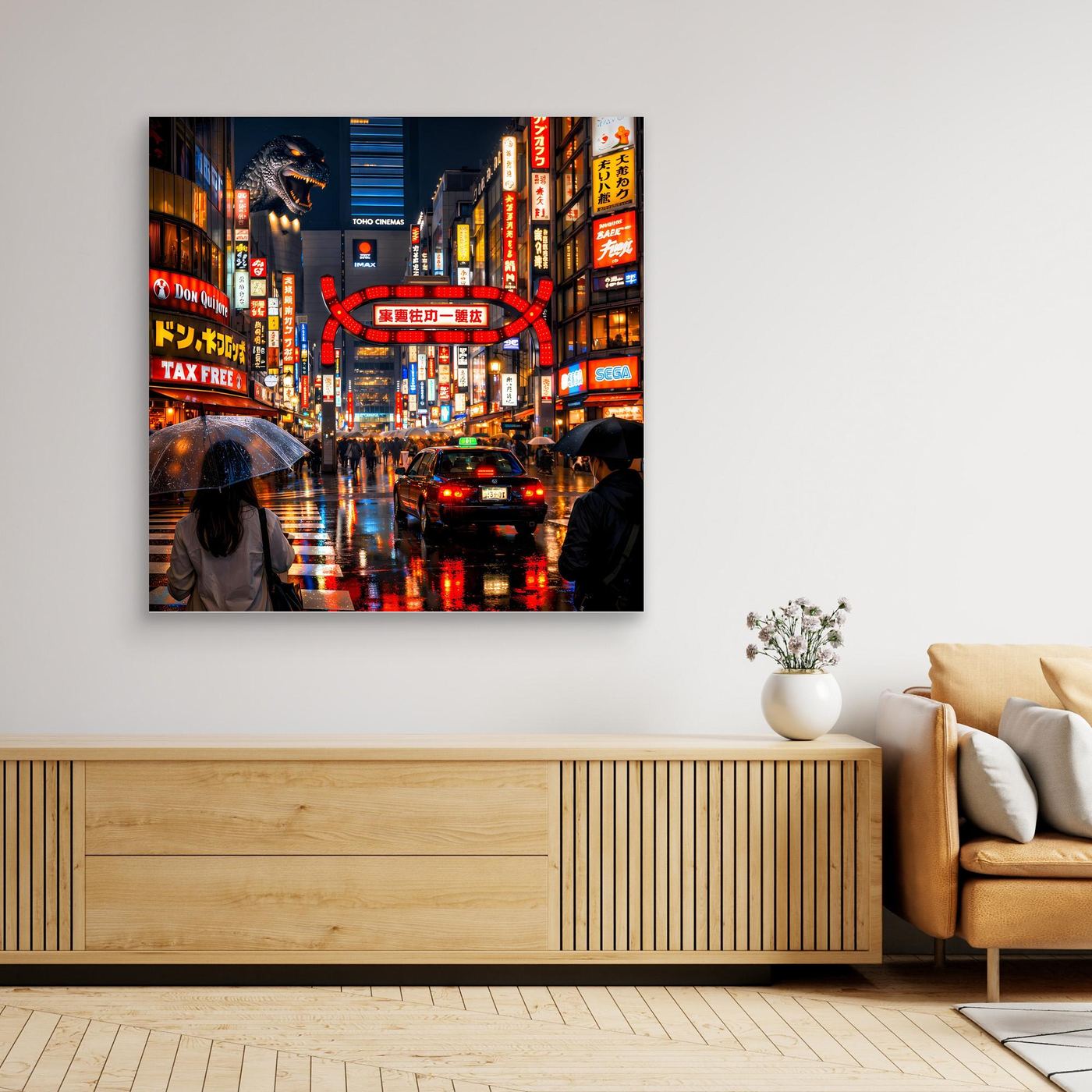 Leinwand Pulsierendes Tokio bei Nacht | Urbanes Kabukicho Kaiju Wandbild