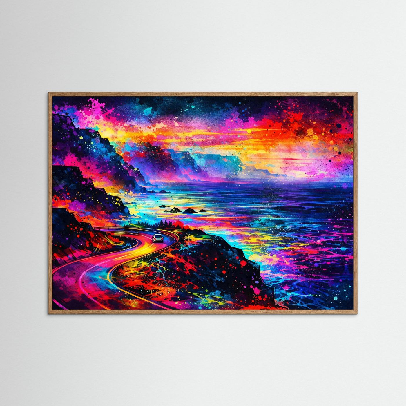 Farbenfrohe Küstenstraße bei Sonnenuntergang | Neon Pop Art & Bunte Natur Wandbild Querformat