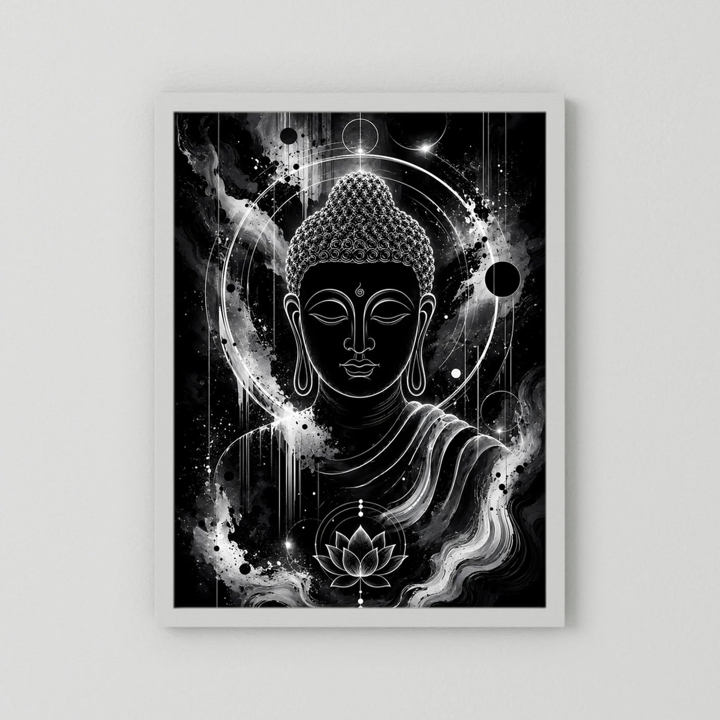 Schwarzweiß-Kunstposter mit Buddha-Gesicht, Lotusblüte und kosmischer Aura, mit weißem Rand.
