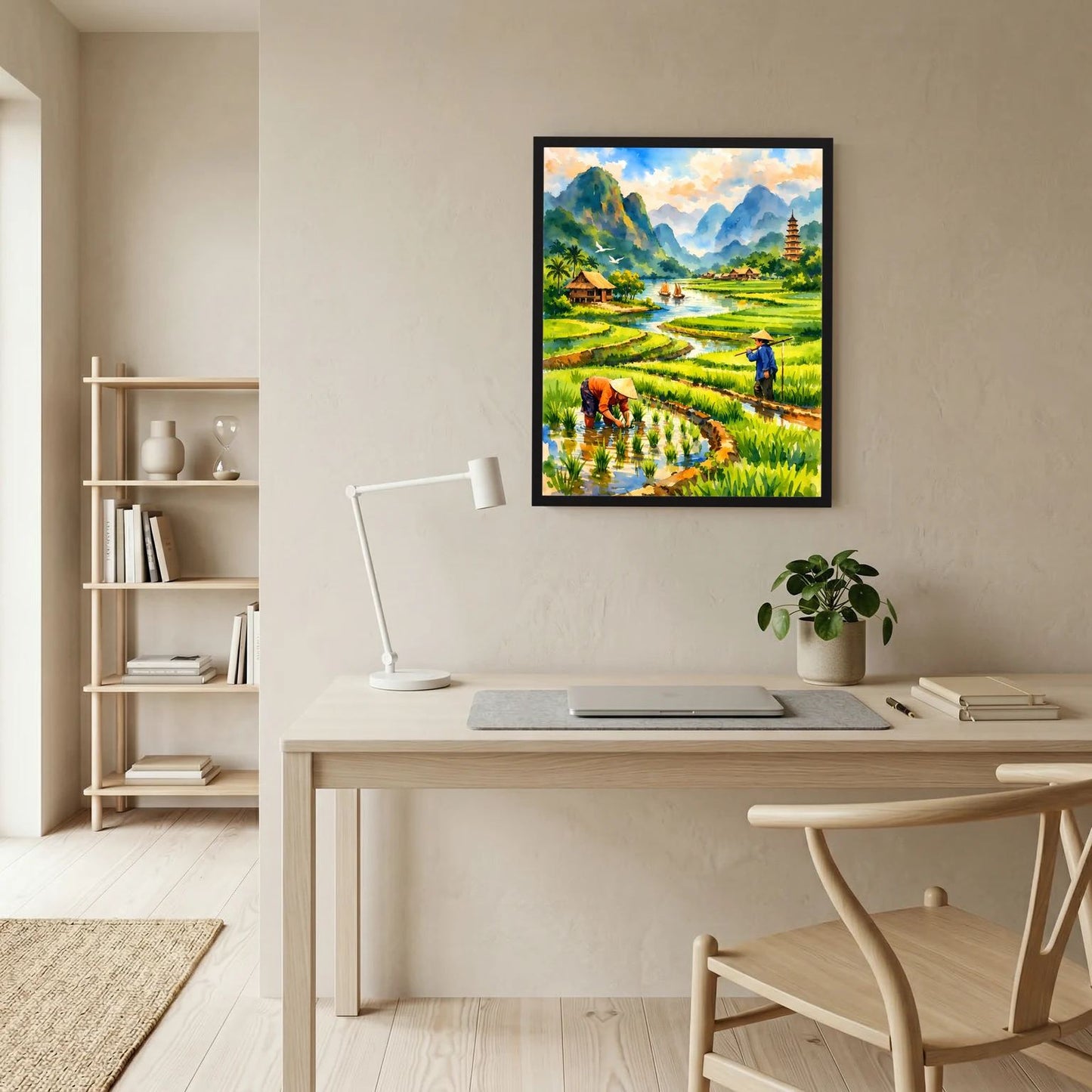 Gerahmtes Hochformat-Wandposter mit Reisfeldern, Fluss und Pagode