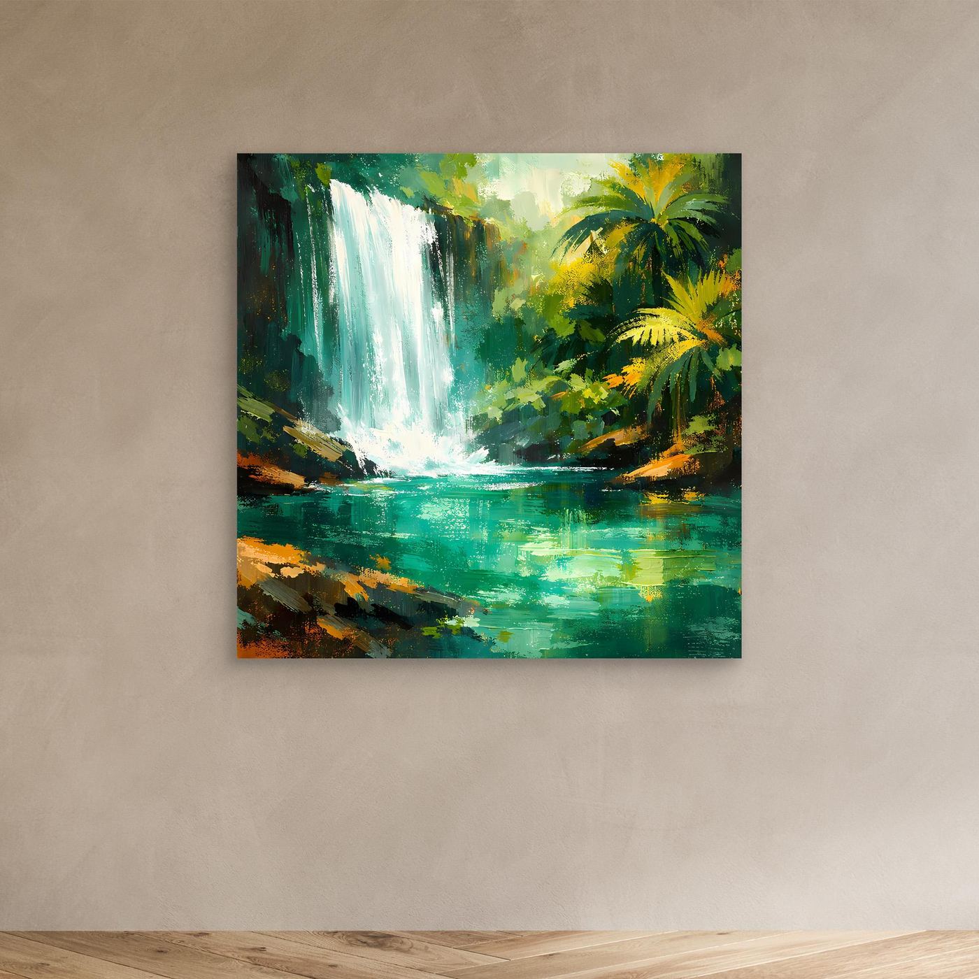 Leinwand Abstraktes Dschungel Wandbild mit Wasserfall | Modernes Natur Kunstwerk Grün